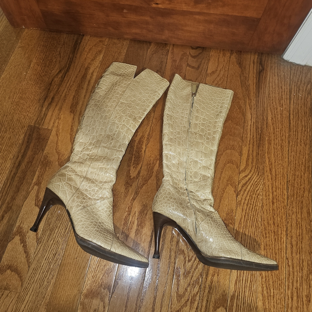 Sergio Rossi Cream Heeled Boots Knee-High Stiletto